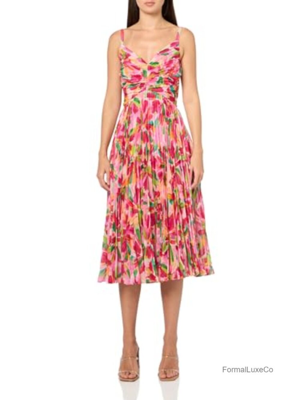 Pleated Midi Dress Shirred Bodice V-Neck Cocktail Formal